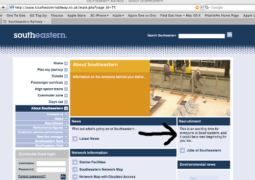 Screenshot of Southeastern train company website, proclaiming 'Exciting times' and inviting you to look for a job there
